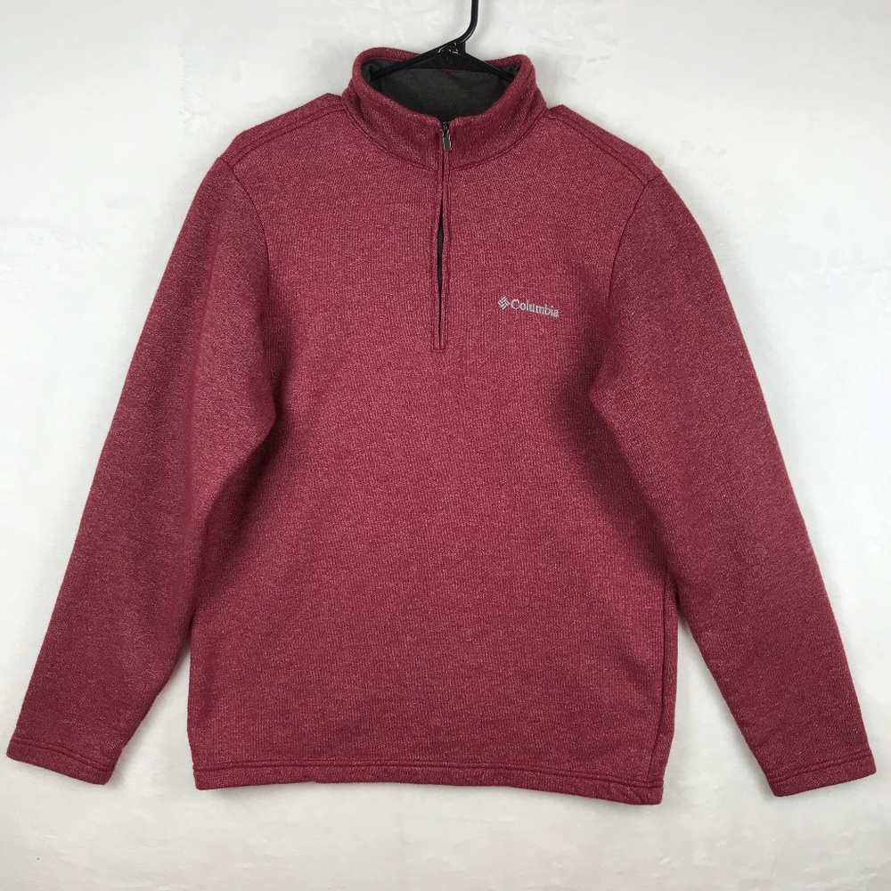 Columbia Mens Sweater Small Heather Red Fleece Lined 1/4 Zip Mock Neck Pullover